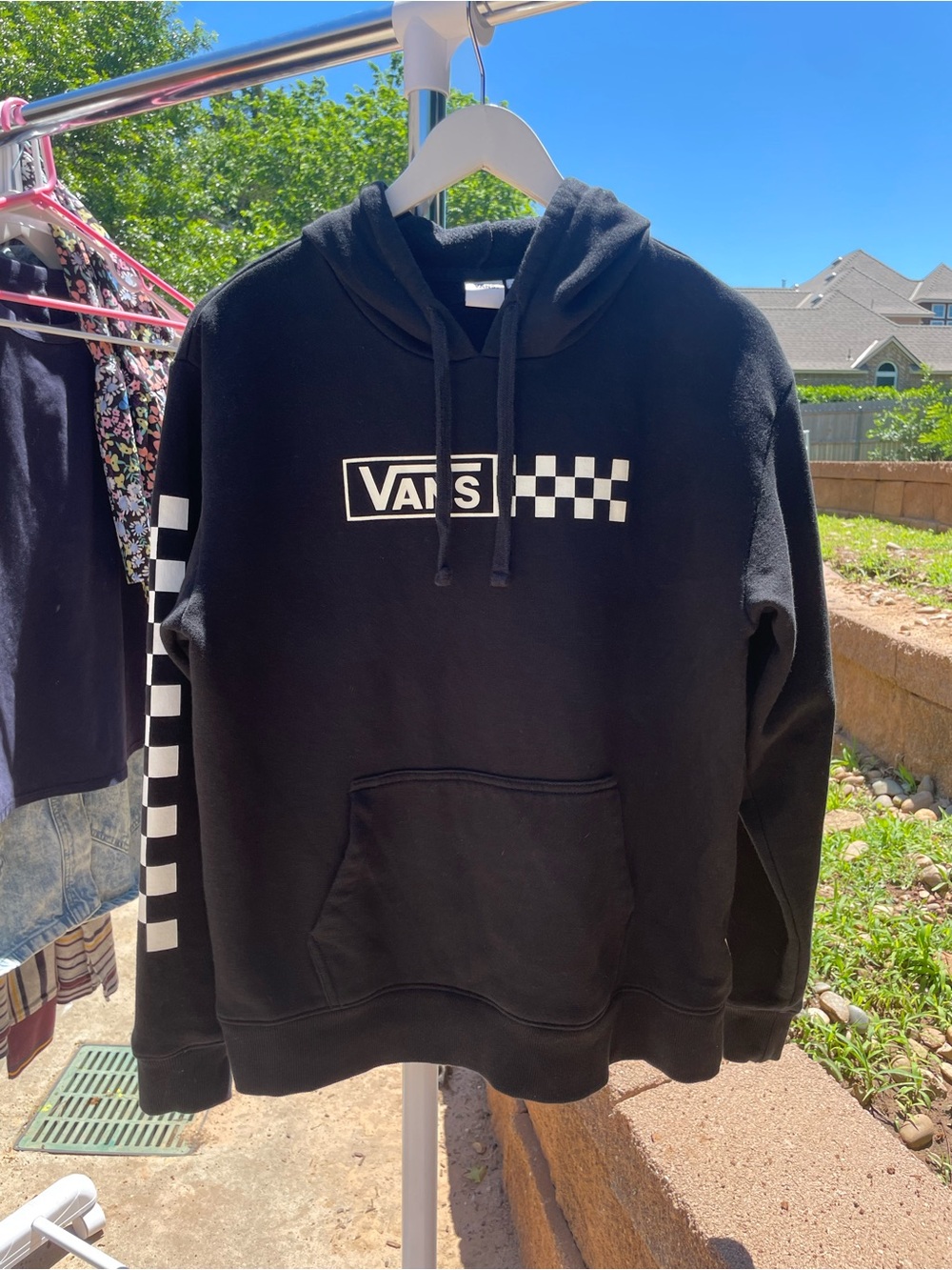 Vans Black Hoodie with White Checkerboard Stripe size Medium
